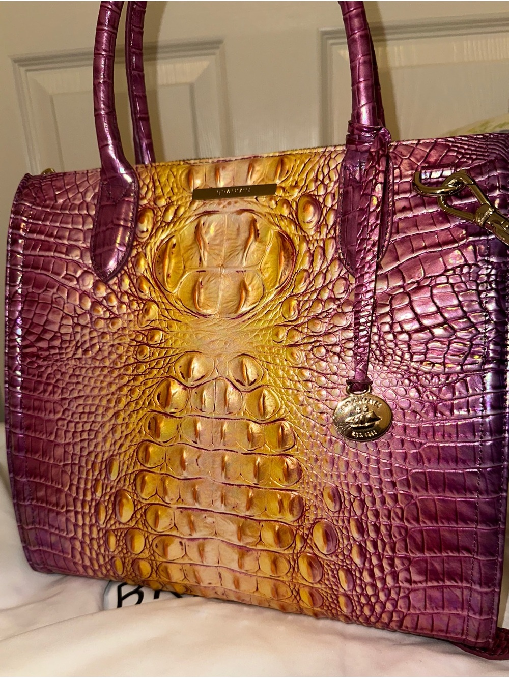 Brahmin Grapefruit Ombre Large Caroline Pink/Purple and Gold Satchel NWOT - Picture 5 of 15